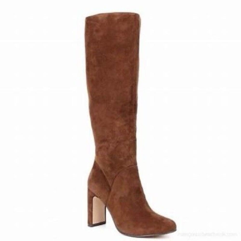 Chelsea & Violet Tall Knee Carmel Suede Boot Side Zip Block Heel Brown 8 M NEW